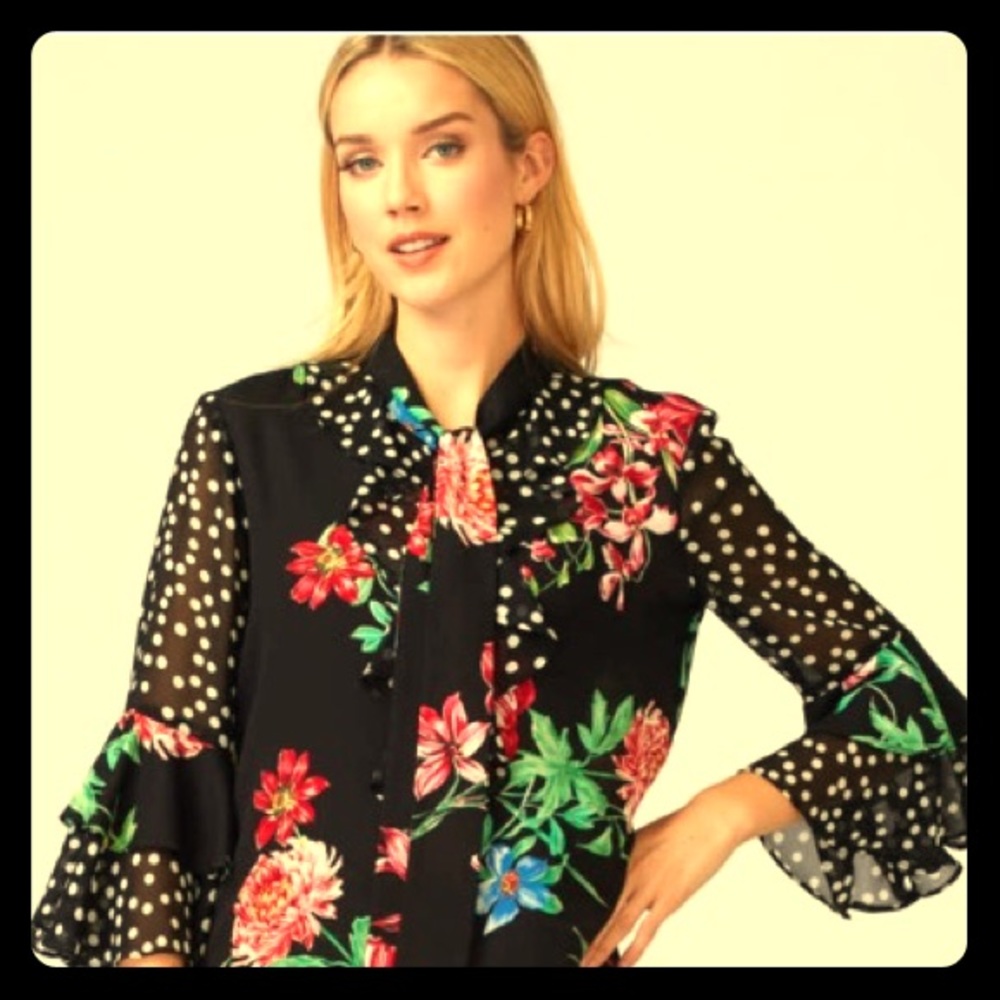 Joseph Ribkoff Black Floral and Polka Dot Blouse